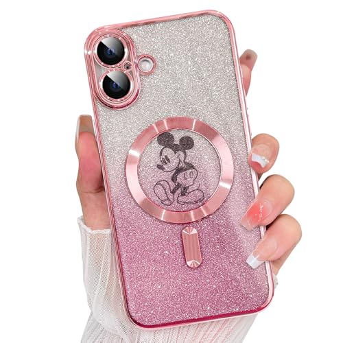 cuwana Magnetic Glitter Case for iPhone 16, Clear Sparkle Bling Cute Cartoon Pattern Design [Compatible with Magsafe] Shockproof Sparkly Soft Protection Cover (Pink)