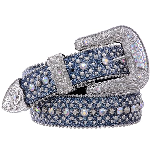 FIORETTO Men Women Rhinestone Belt Western Studded Leather Belt Shine Crystal Bling Diamond Cowgirl Cowboy Waist Belt for Jeans Pants Blue