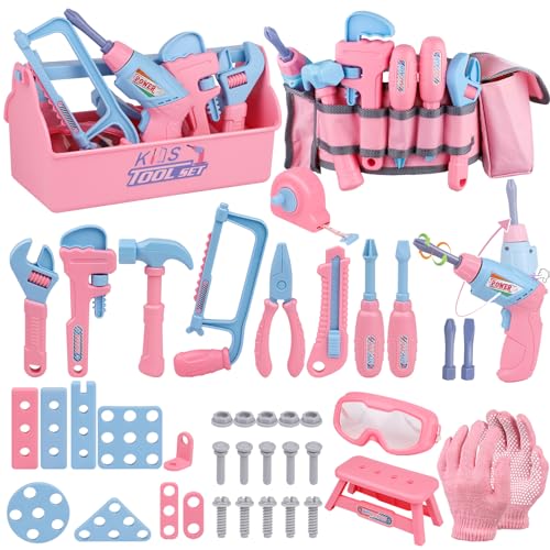 Kids Tool Set, 48PCS Toddler Tool Set with Electronic Toy Drill & Kids Tape Measure,Pretend Play Construction Toys Costume with Kids Tool Belt & Gloves,Toy Tools Box for Girl Boy Ages 3-8