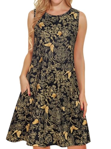 elescat Black Dresses for Women Casual Summer Sleeveless Tank Scoop Neck Loose Cotton Sundress with Pockets(Black Golden Butterflies, 2XL)