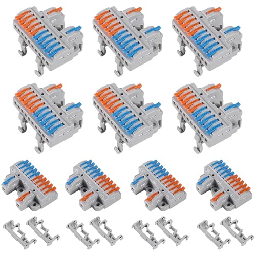MELIFE 10PCS DIN Rail Terminal Blocks Kit, 2 in 10 Out Universal Compact Lever Wire Connector for Electrical Wires, Detachable Ground Circuit Terminal Blocks for Circuit Inline 28-12 AWG