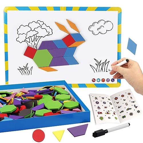 Vanmor 216PCS Magnetic Pattern Blocks Set Complete with 298 Pattern Book & Magnet Board, Magnetic Shapes for Kids, Educational Montessori Tangram Toy for Children Aged 3-8