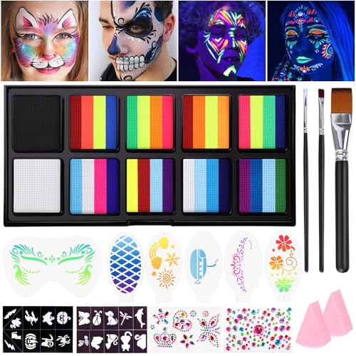 Janolia Rainbow Face Paint Kit - UV Fluorescent Split Cake, Water Activated Body Paint for Kids' Halloween, Carnival & Easter