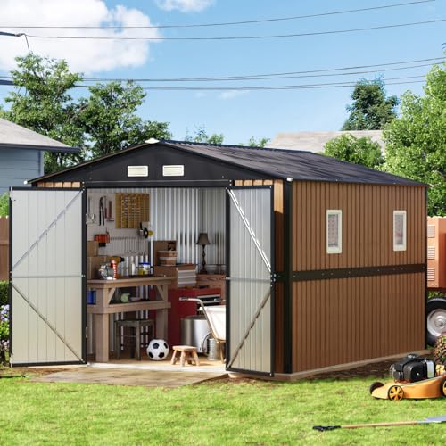 Panovue 10X12 FT Outdoor Steel Storage Shed with Lockable Doors, 2 Windows, Garden Shed with Metal Frame Floor, Ideal for Backyard, Patio Storage,Chicken Coop(Wood Panels Not Included)