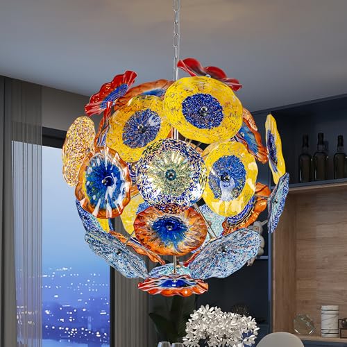 Blooming Colors Blown Glass Plate Chandelier Murano Art Deco Chandeliers Flower Plates Lamp Ceiling Pendant Light Fixture for Living Room Dining Room Foyer