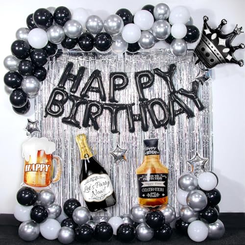 Black Happy Birthday Decorations for Men,Black Birthday Decorations with Banner, Fringe Curtains,Foil Balloons, Balloon Kits for 21st,25th 27th 30th 35th 40 50 60th Birthday Decorations