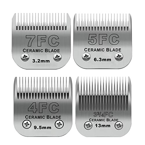 Size 7FC/5FC/4FC/3FC Detachable Pet Dog Grooming Clipper Ceramic Blades Set,Compatible with Andis,Oster A5,Wahl KM10 Series Clippers,Cut Length 1/8"(3.2mm) to 1/2"(13mm),4 Pack