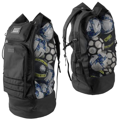 Fitdom Heavy Duty XL Soccer Mesh Equipment Ball Bag w/Adjustable Backpack Shoulder Strap Design for Coach. 2 Different Size Front Pockets for Sporting Accessories. Best for All Outdoor & Water Gears