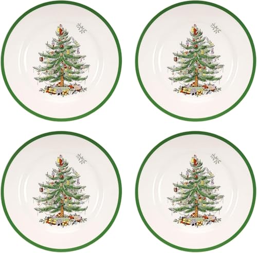 Spode Christmas Tree 10.5" Dinner Plate (Set of 4) - Festive Holiday Stoneware Plate with Christmas Tree & Green Borders, Microwave, Dishwasher, Freezer, Oven Safe - Collectible Holiday Tableware