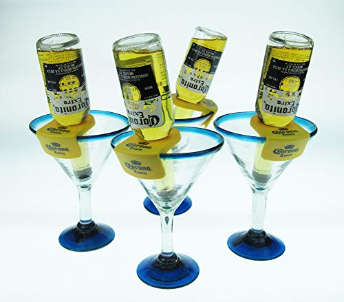 Mexican Glass Margarita Blue Rim 20 Oz with Coronarita Clips Corona Beer Holders yellow (set of 4) Every day is a Fiesta.