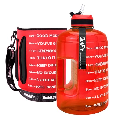 QuiFit Motivational Gallon Water Bottle - with Straw & Time Marker BPA Free Large Reusable Sport Water Jug with Handle for Fitness Outdoor Enthusiasts Leak-Proof