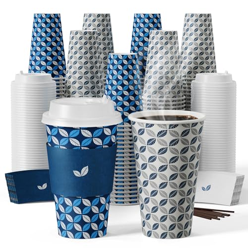 JOLLY CHEF 16 oz Coffee Cups with Lids 100 Pack, Disposable Hot Paper Coffee Cups with Lids, Sleeves and Stirrers (Blue Leaf and Grey Leaf)