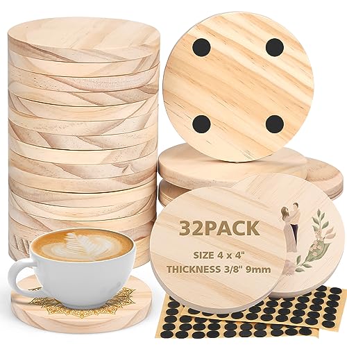 Adrattnay 32Pcs Unfinished Wood Coasters, 4" Round Wooden Coasters with Non-Slip Dot Sticker for Drinks, 9mm Thick Blank Wood Coasters Bulk for DIY Crafts Supplies Adults Beginners