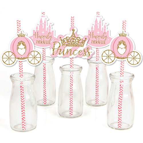 Big Dot of Happiness Little Princess Crown - Paper Straw Decor - Pink and Gold Princess Baby Shower or Birthday Party Striped Decorative Straws - Set of 24