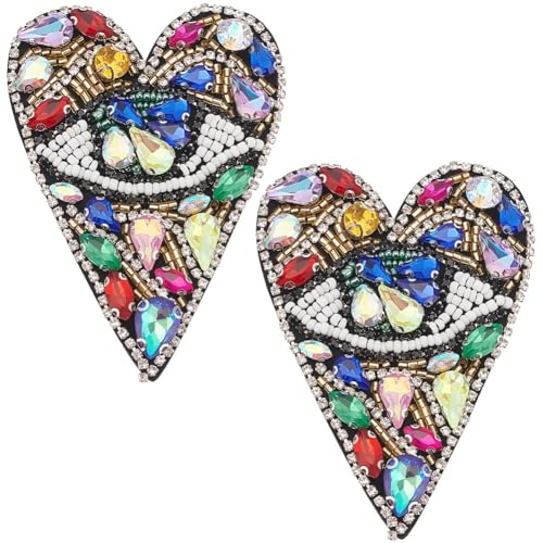 INFUNLY 2PCS Evil Eyes Rhinestone Patches Evil Eyes Heart Sequin Patches Evil Eyes Colorful Rhinestone Heart Applique Patches Evil Eyes Crystal Patches Sequin Sew on Bead Heart Patches for Clothing