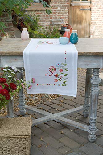 Vervaco Embroidery Kits Cross Stitch Table Runner DIY Kit, Tablecloth to Embroider with Embroidery Image in Modern Design, Cotton and Embroidery Thread, 16 x 40 Inches, Flowers