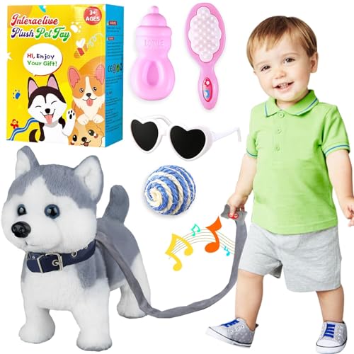 Husky Walking and Barking Puppy Dog Toy with Control Leash,Realistic Wagging Tail Robot Interactive Musical Dancing Animated Plush Stuffed Animal Electronic Pet for Kids Toddlers