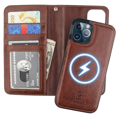 Bocasal for iPhone 12/12 Pro Wallet Case Compatible with MagSafe Wireless Charging, RFID Blocking Magnetic Leather Case with Card Slots Holder Kickstand Detachable Wrist Strap 6.1 Inch (Brown)