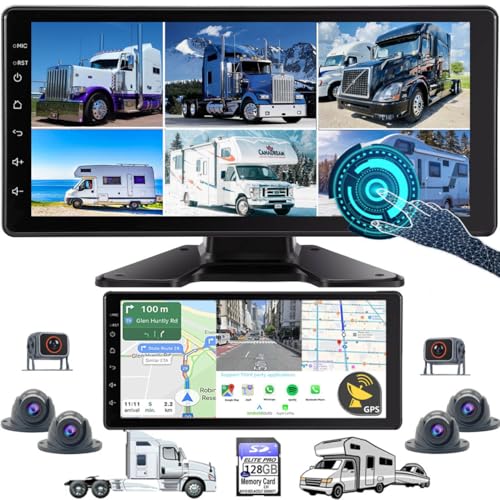 GPS Navigation Car Stereo with Carplay 10.36-Inch 6 Split 128GB 1080P Backup Camera Monitor & Built-in DVR for RV Truck Trailer Rear Side Front Reversing View Wired System Waterproof DGPS6