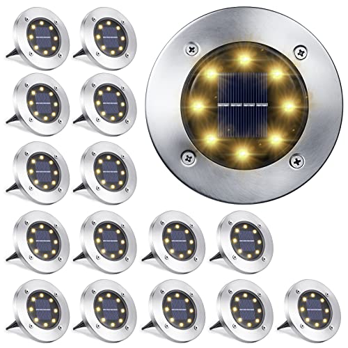 LYHOPE Solar Ground Light Outdoor, 16 Pack 8 LED Solar Disk Lights Waterproof Garden In-ground Pathway Lights Landscape Lighting for Lawn,Yard,Deck,Patio,Walkway (Warm White)