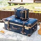 urecity Vintage Luggage Set, 2 Piece Retro Leather Suitcase for Women, Travel Luggage with Spinner Wheels and Beauty Case, Cute Designer Trunk Luggage (Navy Blue, 26"+12")