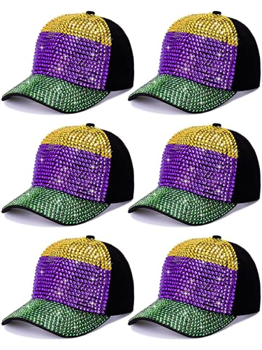 Coume 6 Pack Mardi Gras Baseball Cap Mardi Gras Costume for Party Rhinestone Accessory Vintage Adjustable Hat Gift for Women Men