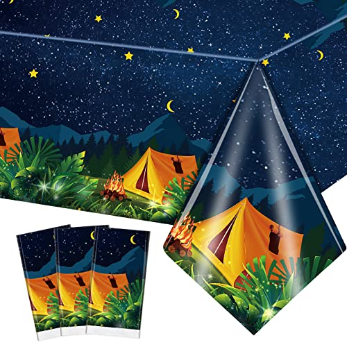 3 Pieces Camping Tablecloth Party Decorations Campfire Plastic Rectangular Table Cover Camp Birthday Party Supplies Picnic Hiking Adventure Supplies