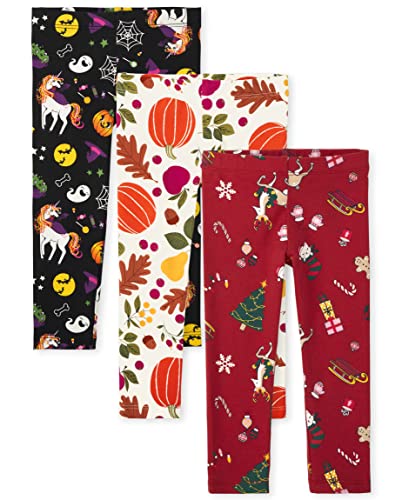 The Children's Place Baby Girls' and Toddler Assorted Everyday Pull On Leggings, Spooky Doodle/Harvest Pumpkin/Christmas Cheer 3-Pack, 3 Years