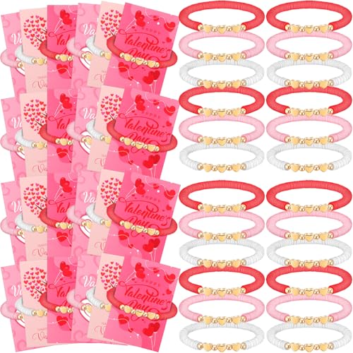 Ecally 24 Pack Valentine's Day Gift Sets Heart Shaped Friendship Bracelets Clay Bead Bracelets with Greeting Cards Exchange Gift for Women Men Valentine's Day Party Favors Supplies