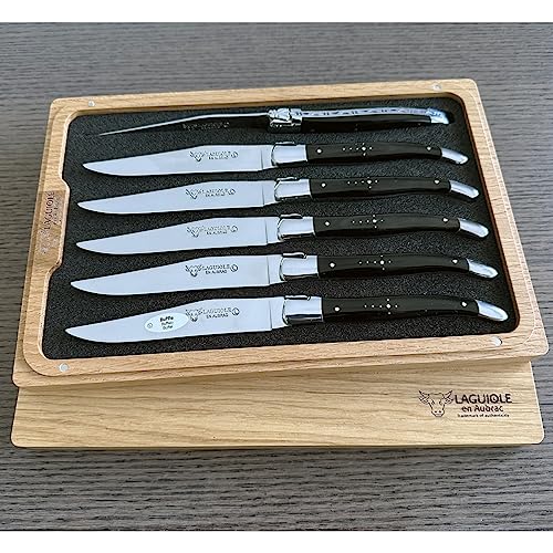 Laguiole en Aubrac Luxury Fully Forged Full Tang Stainless Steel Steak Knives 6-Piece Set with Buffalo Horn Handle, Stainless Steel Polished Bolsters, Made In France