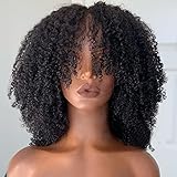 walnut hair Afro Kinky Curly Human Hair Wig with Bangs Full Machine Made Scalp Top Wig Glueless Virgin Brazilian Afro Curly Wigs for Black Women 200 Density Natural Color 22 inch