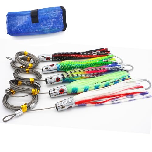 Trolling Tuna Lures Fishing Saltwater Lures Set of 5 Colors 6.5 Inch with Fully Rigged Teasers Squid,Bullet Head Offshore Jet Head Metal for Dolphin Wahoo
