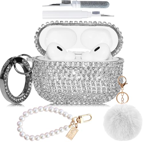 Bling Sliver Case for AirPods Pro (1st/2rd) Generation Cover - Luxurious Rhinestone PC Diamonds Protective Cover for AirPods Pro Case for Women Girl, Pearl Bracelet/Cute Fur Ball Pompom/Lobster Clasp