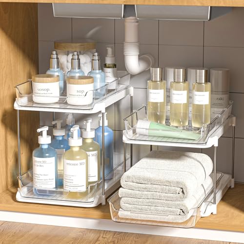 Delamu 2 Sets of 2-Tier Multi-Purpose Bathroom Under Sink Organizers and Storage, Stackable Kitchen Pantry Organization, Pull Out Medicine Cabinet Organizer with 8 Movable Dividers