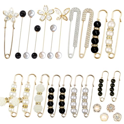 24 Pieces Pearl Crystal Brooch Safety Pins Button Pins Pant Waist Tightener Pins for Clothes Sweater Shawl Collar Dress Cardigan Shirt Jeans Decoration Accessories for Women Girls