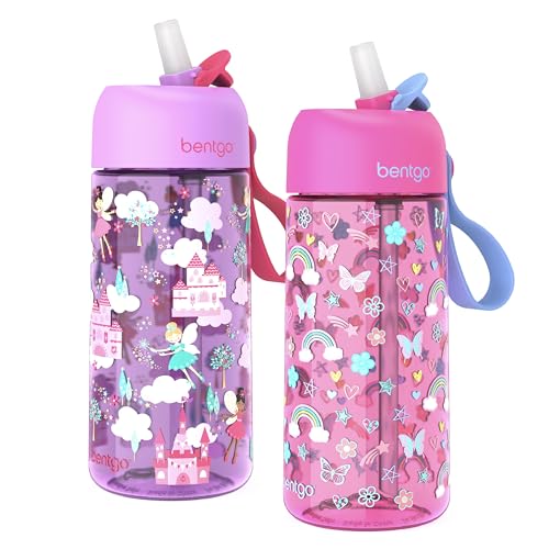 Bentgo Kids Water Bottle 2-Pack - Leak-Proof, Durable Tritan, BPA-Free 15 oz Cup for Kids/Toddlers 3+; Flip-Up Straw; Dishwasher Safe for School/Sports/Daycare/Camp (Rainbows & Butterflies/Fairies)
