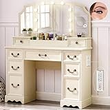 LegacyAmerhome 51" X 47“ Makeup Vanity Desk with Light and Tri-fold Mirror, Farmhouse Make Up Vanity Table with 10X Magnification&Power Outlet, Vintage Dressing Table for Bedroom, Beige