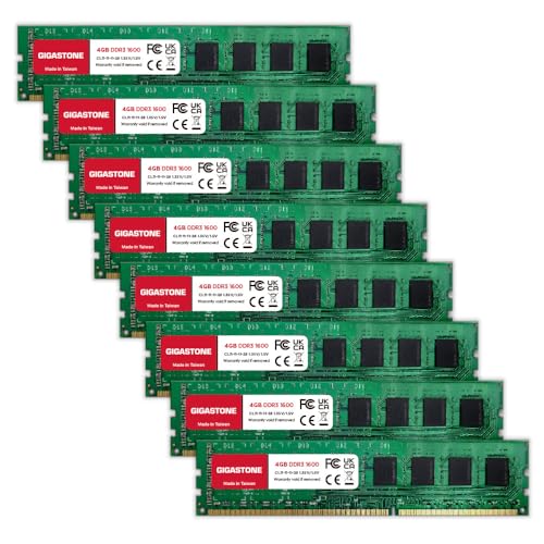 【DDR3 RAM】 GIGASTONE 32GB Kit (8x4GB) DDR3/DDR3L 1600MHz (1333MHz) PC3-12800 (PC3-10600) CL11 1.35V/1.5V 2Rx8 UDIMM 240 Pin Unbuffered Non ECC High Performance PC Desktop Memory Upgrade