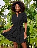 GRACE KARIN Women's Eyelet Dress Summer A-line Mini Sundress Puff Sleeve V Neck Flowy Ruffle Casual Short Shift Beach Dress Black S