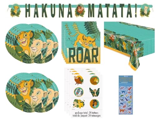 Unique Lion King Birthday Party Supplies Pack Includes 16 Lunch Plates, 16 Napkins, 1 Table Cover, 1 Banner, 24 Tattoos, 1 Dinosaur Sticker Sheet in Gold, Brown, Green, Blue