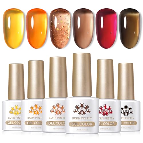 Born Pretty Jelly Gel Nail Polish Sheer Crystal Transparent Gel Polish Set Fall Winter Translucent Clear Gel Polish Red Coral Burnt Orange Grey Amber Brown 6 Colors Manicure Kit
