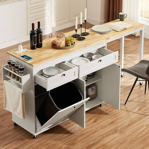 ONBRILL Kitchen Islands with Extendable Dining Table, 81.7" Mobile Kitchen Storage Islands, Rolling Kitchen Cart with Trash Cabinet, Power Outlet, Spice Rack & Towel Rack (White)