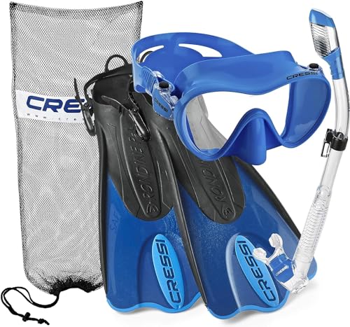 Cressi Italian Design Premium Tempered Glass Lens Frameless Scuba Snorkeling Dive Mask - Dry Snorkel - and Palau Short Snorkeling Fin and Snorkel Set Gear Bag, BL-XS | US Man 4/6.5 | US Lady 5/7.5
