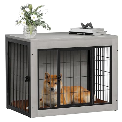 Bigrab Dog Crate Furinture with Thick Cushion, Side End Table Wooden Dog Cage with Double Doors, Chew-Resistant Dog Kennel Dog House Indoor for Small to Large Dog, M (Grey)