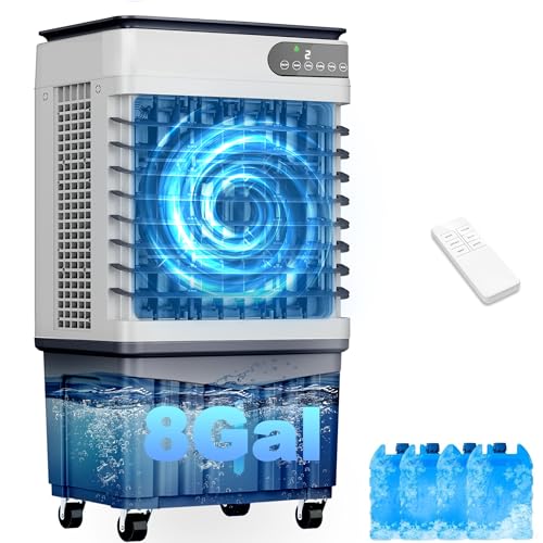 Swamp Cooler Air Conditioners, Large 8-Gal Tank for 3d Cooling, 4-IN-1 Portable Evaporative Cooler with LED Touch Screen, 3 Fan Speeds, 12H Timer & Remote, 600 sq ft Coverage, Ideal for Large Rooms