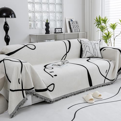 ERICSF- Black and White Double-Sided can Cover Chenille Sofa Towel Full Cover Cloth Four Seasons Universal Models Straight Row a Piece of Non-Slip Sets(71 * 150 inch)