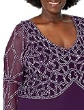 J Kara Women's Plus Size 3/4 Sleeve Geo Beaded Gown, Plum/Mercury/Silver, 18W