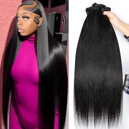 16A Human Hair Bundles Straight 30 32 34 Inch 100% Unprocessed Raw Brazilian Human Hair Double Weft Extensions Straight Weave 3 Bundles Remy Virgin Hair Bundles Deals Natural Black Color