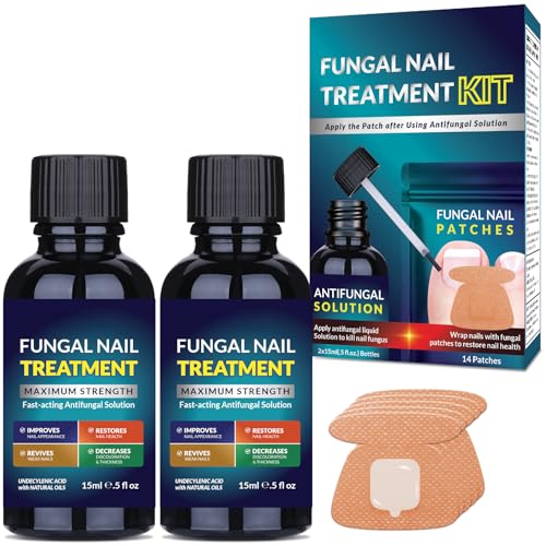 Toenail Fungus Treatment Extra Strength Kit: Nail Repair Liquid Solution and Patches - Nighttime Nail Patches Renewal - Fast Acting Drops with Undecylenic Acid, Natural Oil for Toe Finger Nails