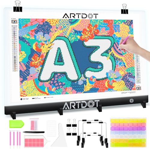 ARTDOT A3 LED Light Pad for Diamond Painting, USB Powered Light Board Kit, Adjustable Brightness with Diamond Painting Tools Detachable Stand and Clips